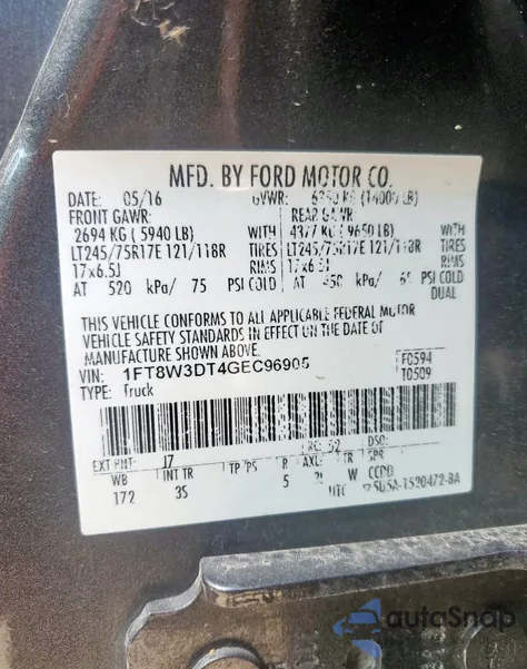 2016 Ford F350 Super Duty from USA, damaged, VIN 1FT8W3DT4GEC96905
